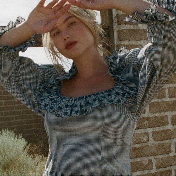 NWT Doen Franique Cotton Ruffle Eyelet Long Sleeve Dress Azure Paris Gingham - Picture 5 of 14